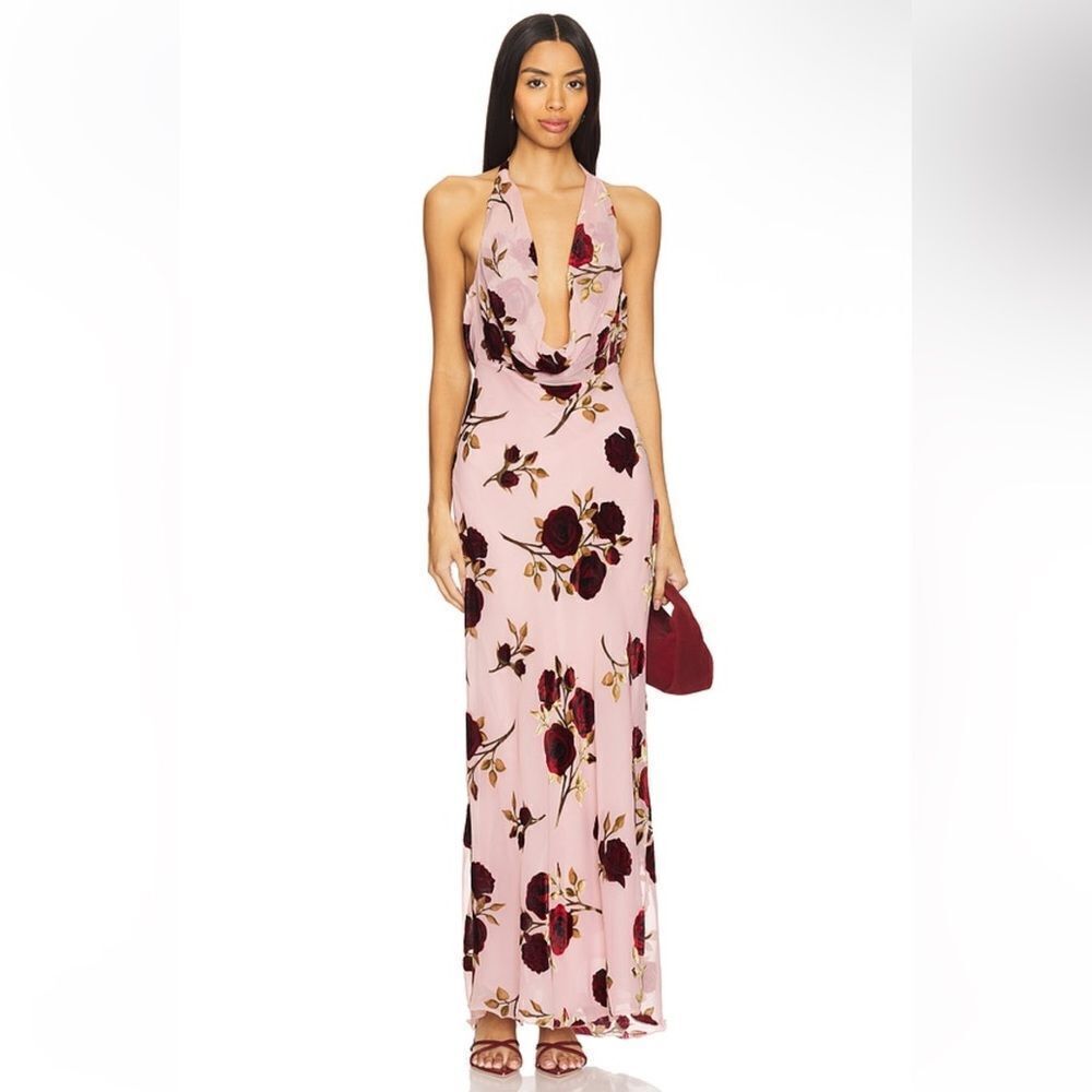 For Love And Lemons Velvet Halter Maxi Rose
Pink Floral Backless gown Revolve S